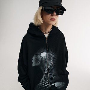 Streetwear Fashion Gothic Zip Up Hoodie Casual Black Graphic Jacket OVD-13104